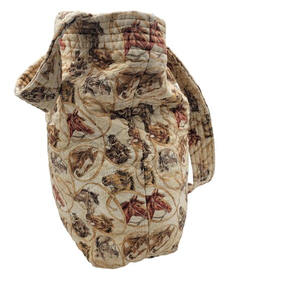 Vtg Quilted Horse Print Tote Bag With Reversible Interior Red Rope Pattern - Picture 3 of 16